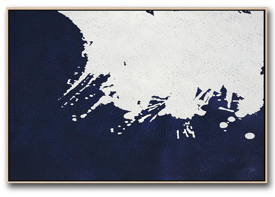 Horizontal Abstract Painting Navy Blue Minimalist Painting On Canvas - Canvas Prints Artwork For Sale Extra Large